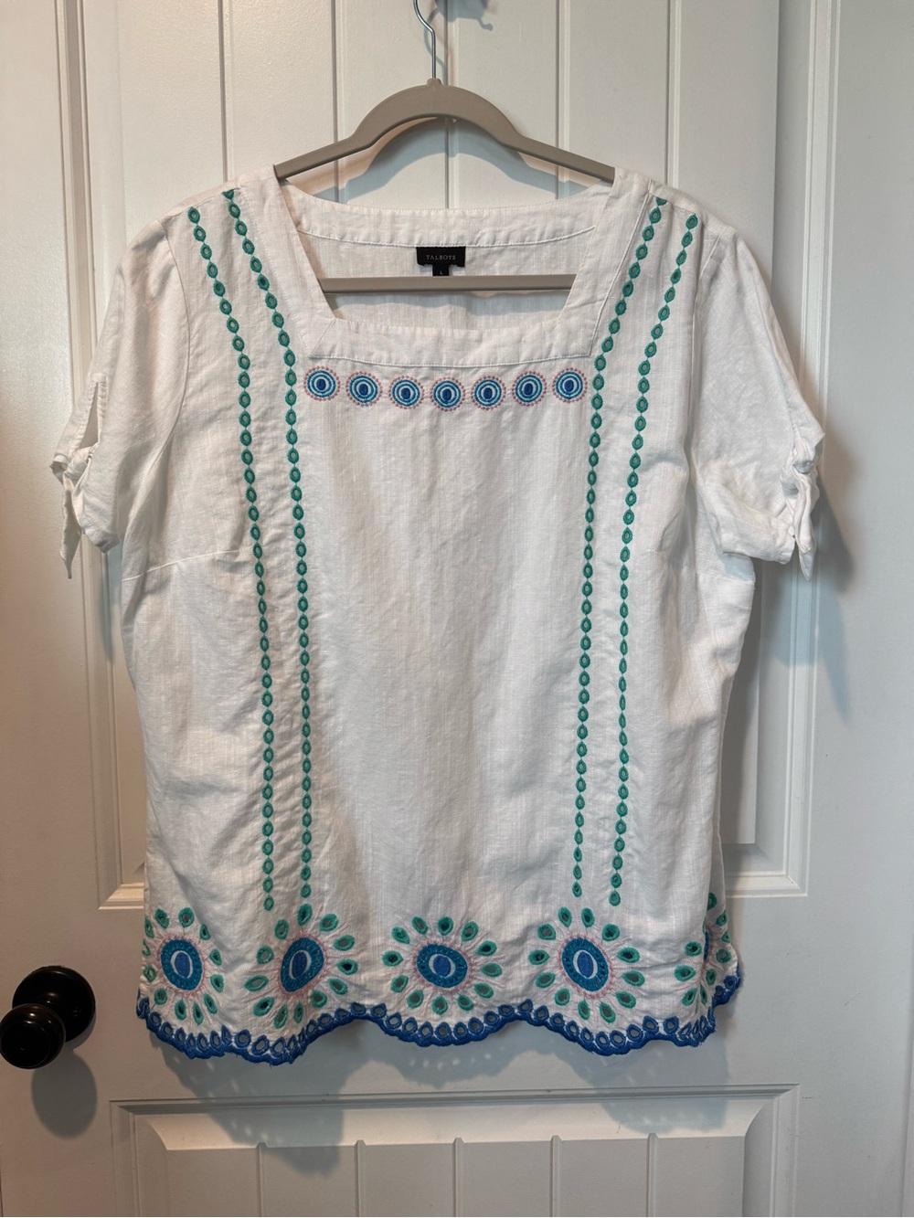 Talbots White Linen and Cotton Embroidered Short-Sleeve Top - Teal & Blue